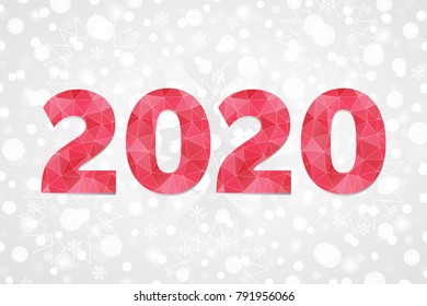 2020 polygonal vector symbol. Happy New Year abstract triangle illustration. Decorative red geometric icon on grey white gradient background with snowflakes, snow, sparkles