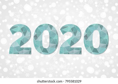 2020 polygonal vector symbol. Happy New Year abstract triangle illustration. Decorative blue geometric icon on grey white gradient background with snowflakes, snow, sparkles