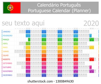 2020 Portuguese Planner Calendar with Horizontal Months on white background