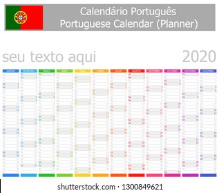 2020 Portuguese Planner Calendar Vertical Months on white background