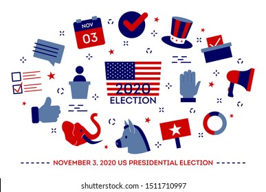 2020 presidential election in the USA. Idea of political campaign and american government. Set of colorful icons. Isolated flat illustration