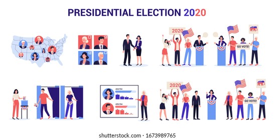 2020 presidential election in the USA set. Election campaign concept. Idea of politics and american government. People vote for the candidate. Democracy and government. Vector illustration