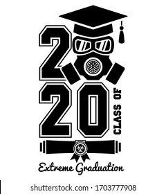 2020 Quarantine extreme graduation party. Graduate in a respirator and goggles. Concept for the design of a greeting card, logo, flyer, t-shirt design. Illustration, vector