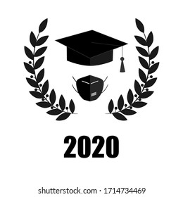 2020 Quarantine graduation concept card. Graduate hat, respirator and laurel wreath. Funny vector illustration