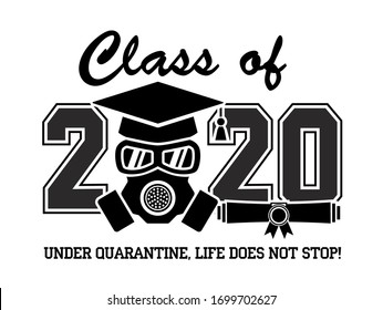 2020 Quarantine Graduation Party. Graduate In A Respirator And Goggles. Concept For The Design Of A Greeting Card, Logo, Flyer, T-shirt Design. Illustration, Vector