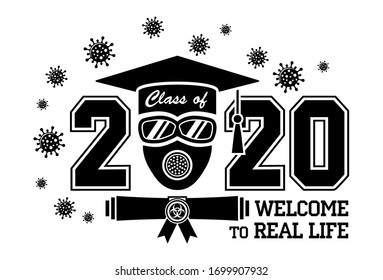 2020 Quarantine graduation party. Graduate in a respirator and goggles. Concept for the design of a greeting card, logo, flyer, t-shirt design. Illustration, vector