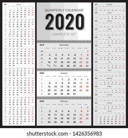 2020 Quarterly Wall Calendar Two Types of English Grids Complete Set Week Begins from Monday Template - Grey Red and White Elements on Black Background - Vector Contrast Graphic Design