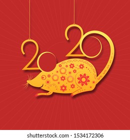 2020. Rat with abstract flowers on a red background. Chinese New Year. Vector illustration.