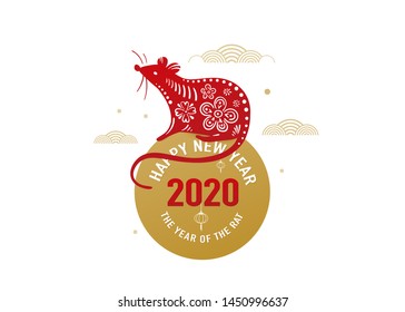 2020 rat happy new year vector background, chinese banner concept. Isolated greeting card with mouse standing on the sun, lucky numbers illustration elements, red, gold, and white color.