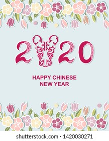 2020 with Rat head and flowers. Rat head as logo, badge, icon. Template for party invitation, greeting card, web. Symbol of Chinese New Year 2020.