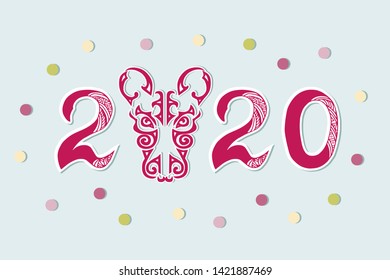 2020 with rat head vector illustration isolated on background with confetti. Rat is Symbol of Chinese 2020 New Year.