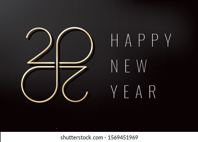 2020 Rectangle Composition Gold Numerals Logo with Zeroes Making Mobius Loop Impossible Figure and Happy New Year Greetings Lettering - Golden on Black Background - Vector Gradient Graphic Design