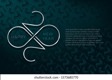 2020 Rectangle Composition Silver Numerals Logo with Zeroes Making Mobius Loop or Infinity Sign and Happy New Year Greetings Lettering - Silver on Turquoise Background - Vector Gradient Graphic Design