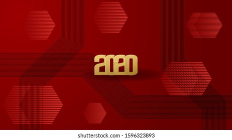 2020 red background geometric with black line and gold text. design for background, banner, template, cover.