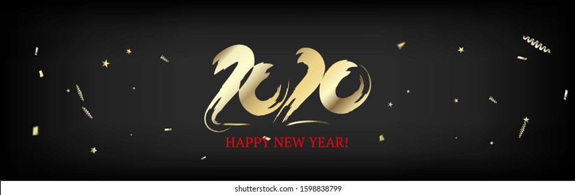 2020 Red, Black, Gold Horizontal Vector Banner. Grunge Shape Hand Painted Brush Stroke Winter Celebration Template. New Year, Christmas Music Party Decoration. Modern 2020 New Year Ad Graphic Frame