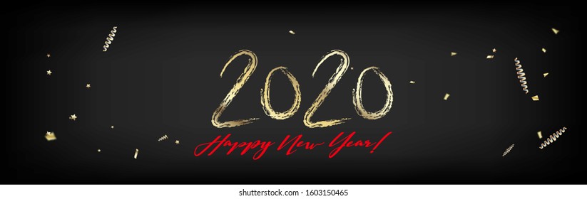 2020 Red, Black, Gold Horizontal Vector Banner. Textured Card Hand Painted Brush Stroke Winter Celebration Layout. New Year, Christmas Music Party Decoration. 2020 New Year Ad Grunge Minimal Banner