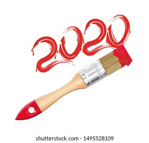 2020 - red paint lettering. The inscription with a brush. Inscription tassel. 2020 inscription. Vector illustration isolated on white background