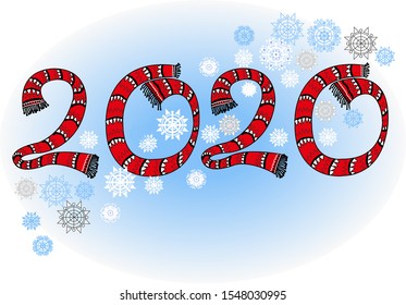 2020 in red scarves, on a blue background with snowflakes. Illustration, vector