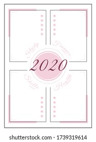 2020 resolution minimalist planner page design. Yearly plan with list for notes and tasks. Lifestyle categories bullet journal printable sheet. Personal organizer. Notebook vector template