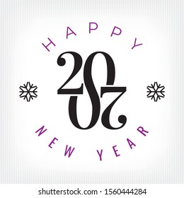 2020 Round Numerals Logo with Zeroes Making Partial Mobius Loop and Happy New Year Greetings Lettering with Snowflakes - Black and Purple on White Background - Vector Contrast Graphic Design