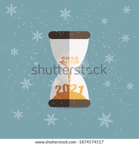 2020 Sand clock count down for Christmas new year 2021 design with snowflakes on winter background, flat vector design.