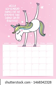 2020 September calendar with calligraphy phrase and unicorn doodle: "HELLO September! thanks for the
reminder that change can be beautiful!" Desk calendar, planner design, week starts on Sunday.  