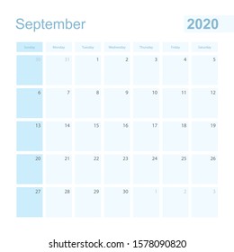 2020 September wall planner in blue color, week starts on Sunday. Calendar for September 2020 with day of previous and next month.