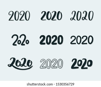 2020 set of inscriptions. New year 2020 lettering set. Vector template for cards, prints, t-shirts, invitations, labels. 2020 text logo