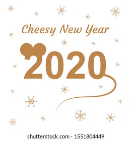 2020 in the shape of a mouse. Cheesy New Year. Silhouette. Snowflakes. Greeting card, banner, poster. Isolated objects on a white background. Holiday. Winter. The time of miracles. Dreams Golden color