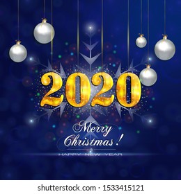 2020. Silver Christmas balls, abstract snowflake, flying luminous particles and a golden sign 2020. Merry Christmas and Happy New Year!  Gold sign 2020 hanging on threads