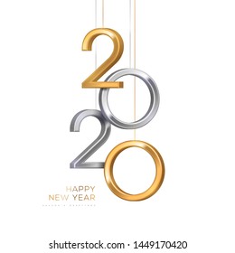 2020 silver and gold numbers hanging on white background. Vector illustration. Minimal invitation design for Christmas and New Year. - Shutterstock ID 1449170420