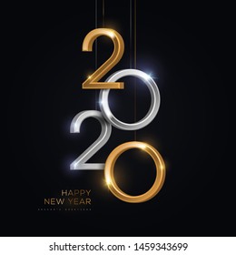 2020 silver and gold numbers hanging on black background. Vector illustration. Minimal invitation design for Christmas and New Year.