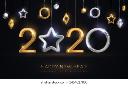 2020 silver and gold numbers with star hanging on black background. Vector illustration. Minimal invitation design for Christmas and New Year. Winter holiday decorations