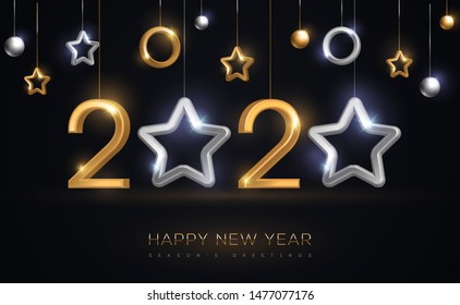 2020 silver and gold numbers with star hanging on black background. Vector illustration. Minimal invitation design for Christmas and New Year. Winter holiday decorations