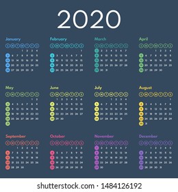 2020 simple calendar, starts sunday