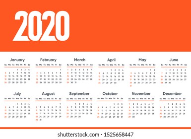 2020 Simple Calendar vector design template - Week starts on Sunday