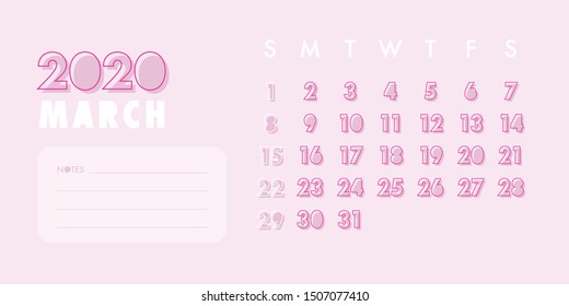 2020 Simple Calendar. Vector illustration. The Year of Sparks Joy