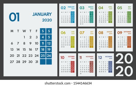 2020 simple vector 12 colorful months calendar, starts monday, two weekend, white background