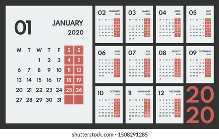 2020 simple vector 12 months calendar, starts monday, two red weekend, white background