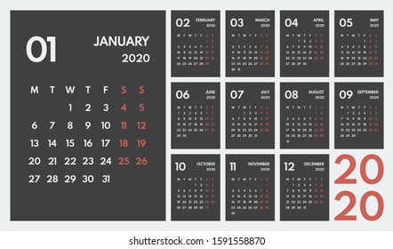 2020 simple vector 12 months calendar, starts monday, two weekend, dark background