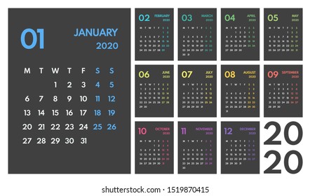2020 simple vector 12 rainbow months calendar, starts monday, two weekend, dark background