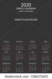 2020 simple vertical calendar grid template with image placeholder. Minimal business black simple clean design. English grid, week starts from sunday
