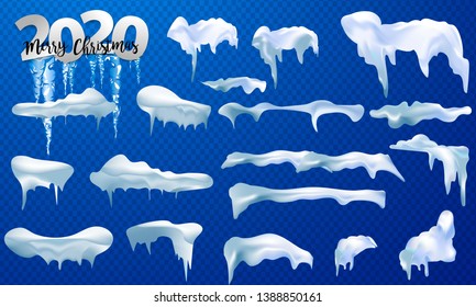 2020 Snow caps, snowballs and snowdrifts set. Snow cap vector collection. Winter decoration element. Snowy elements on winter background. Cartoon template. Snowfall and snowflakes in motion.