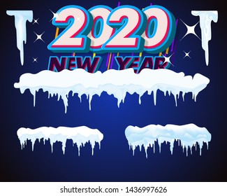 2020 Snow ice icicle set Winter design. White blue snow template. Snowy frame decoration isolated on blue background. Cartoon style. Christmas, New Year frozen ice texture Vector illustration