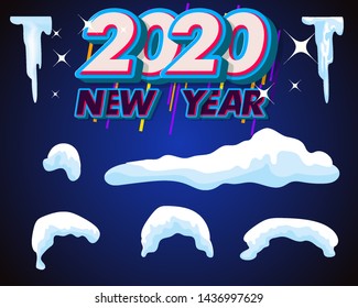 2020 Snow ice icicle set Winter design. White blue snow template. Snowy frame decoration isolated on blue background. Cartoon style. Christmas, New Year frozen ice texture Vector illustration