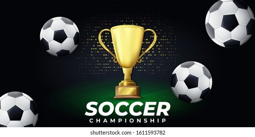 2020 Soccer Tournament with Trophy and Soccer Ball Element in Black Background