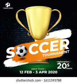 2020 Soccer Tournament with Trophy and Soccer Ball Element in Black Background