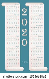2020 Spanish American wall calendar on light gradient parchment. Calendario español. Weeks start on Sunday. Gray-blue background. Vector template 10 EPS