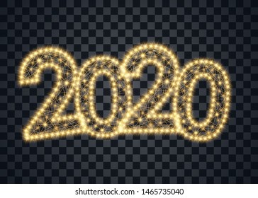 2020 sparkling text for greeting card, with gold glitter stars. Vector illustration.