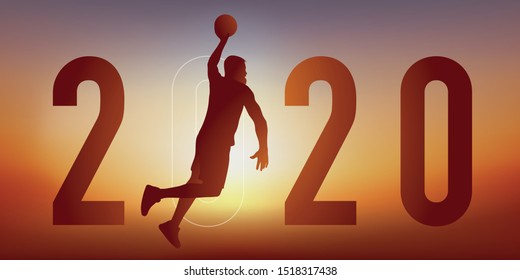 2020 Sports-themed Greeting Card, With A Basketball Player, Jumps His Arm Outstretched To Score A Basket.